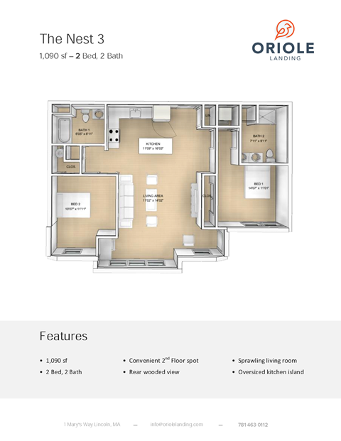 Floor plan for 2 beds, 2 baths, 1090 sqft